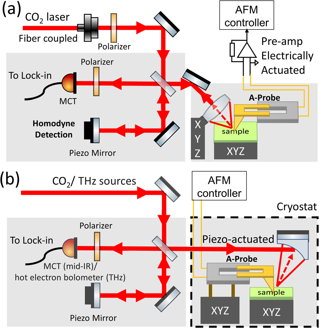 图1 Akiyamaprobe基础上的室温与低温s-SNOM系统示意图（图源：Dapolitoetal.,AppliedPhysicsLetters120,013104(2022)，原论文Fig.1。）